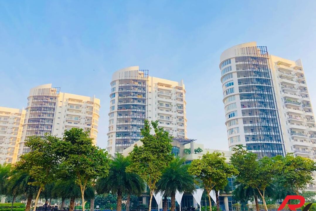 Modern tower with landscaped surroundings